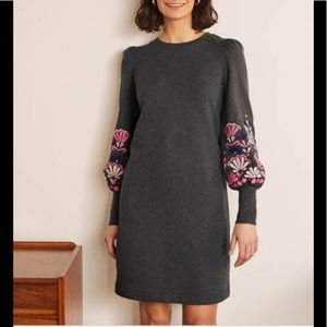 New BODEN | Romona Charcoal Sweatshirt Dress w/ Embroidered Balloon Sleeves